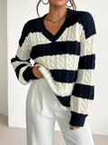 Women's Striped Cable Knit Jumper - Navy/Cream, front view