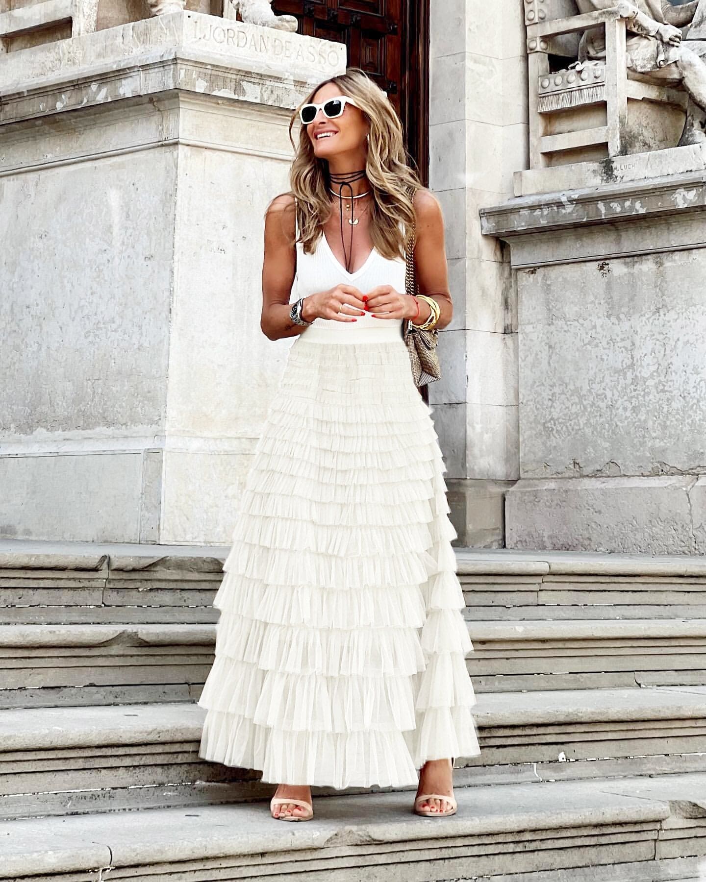 Women's Tiered Tulle Maxi Skirt - Elasticated High Waist - White