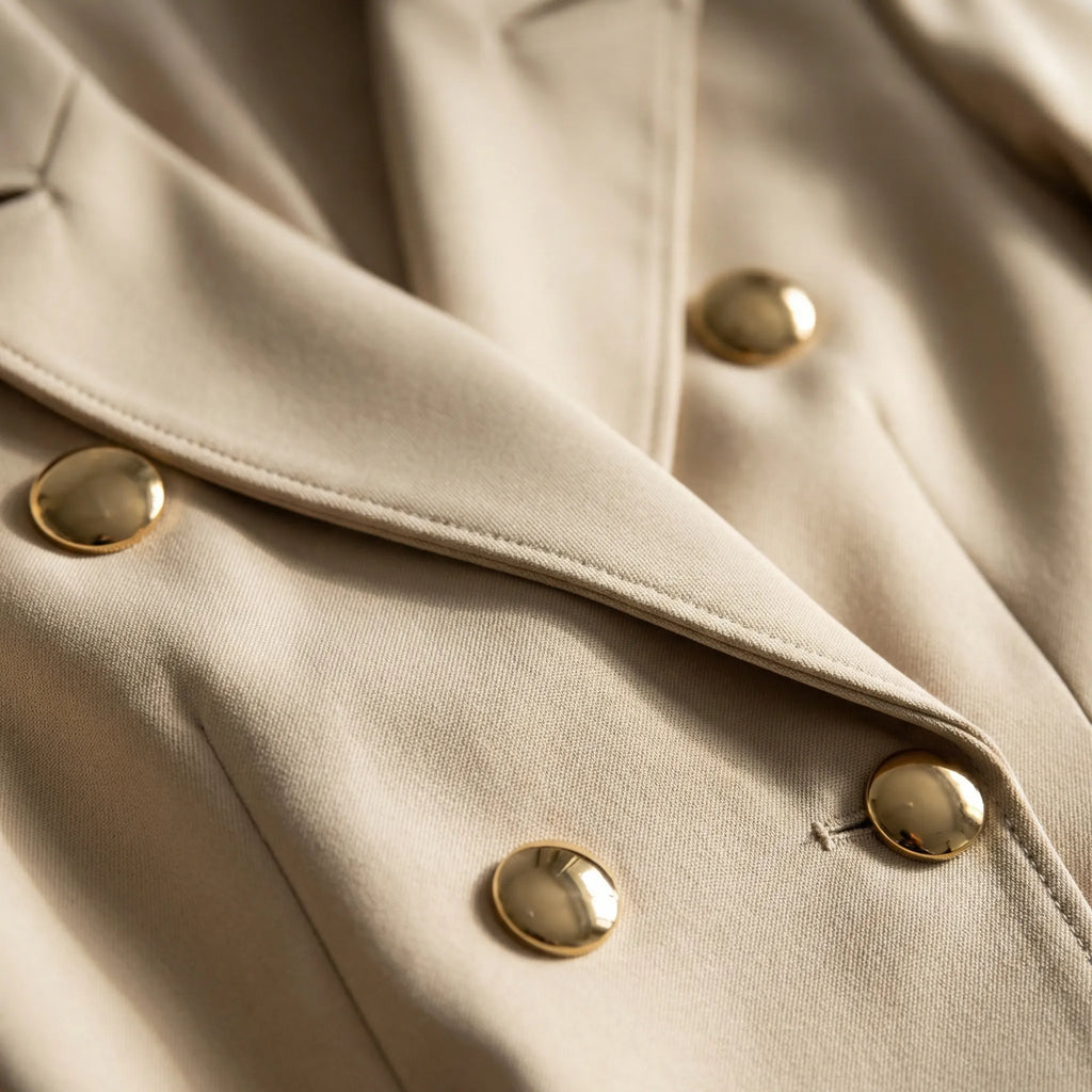 Women's Blazer Mini Dress - Double-Breasted Gold-Tone Buttons - Beige, button and lapel close-up