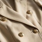 Women's Blazer Mini Dress - Double-Breasted Gold-Tone Buttons - Beige, button and lapel close-up