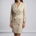 Women's Blazer Mini Dress - Double-Breasted Gold-Tone Buttons - Beige, front view