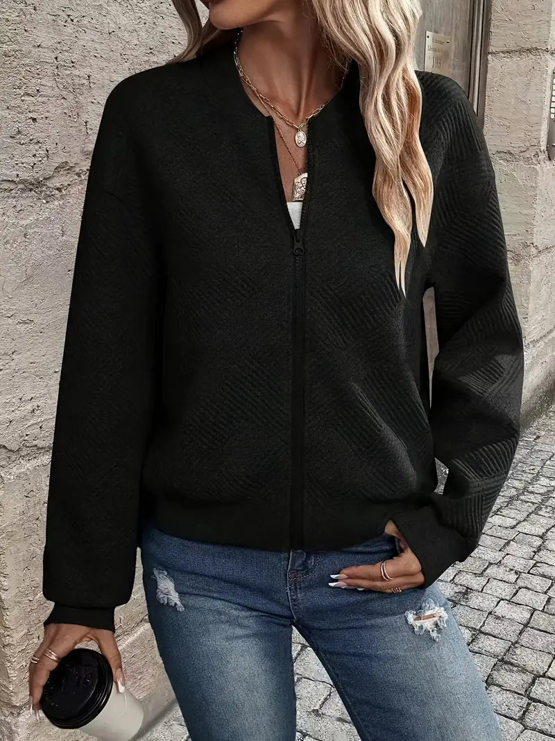 Women's Textured Zip-Up Cardigan - Black, detail view