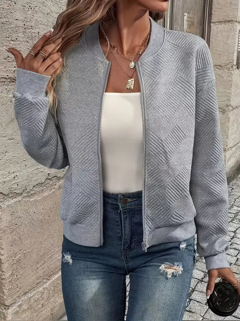 Women's Textured Zip-Up Cardigan - Grey, front view
