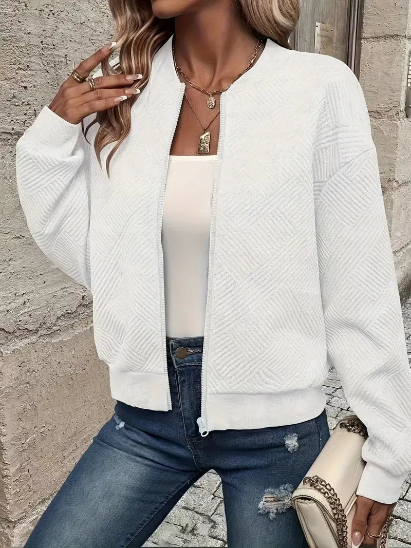 Women's Textured Zip-Up Cardigan - White, front view