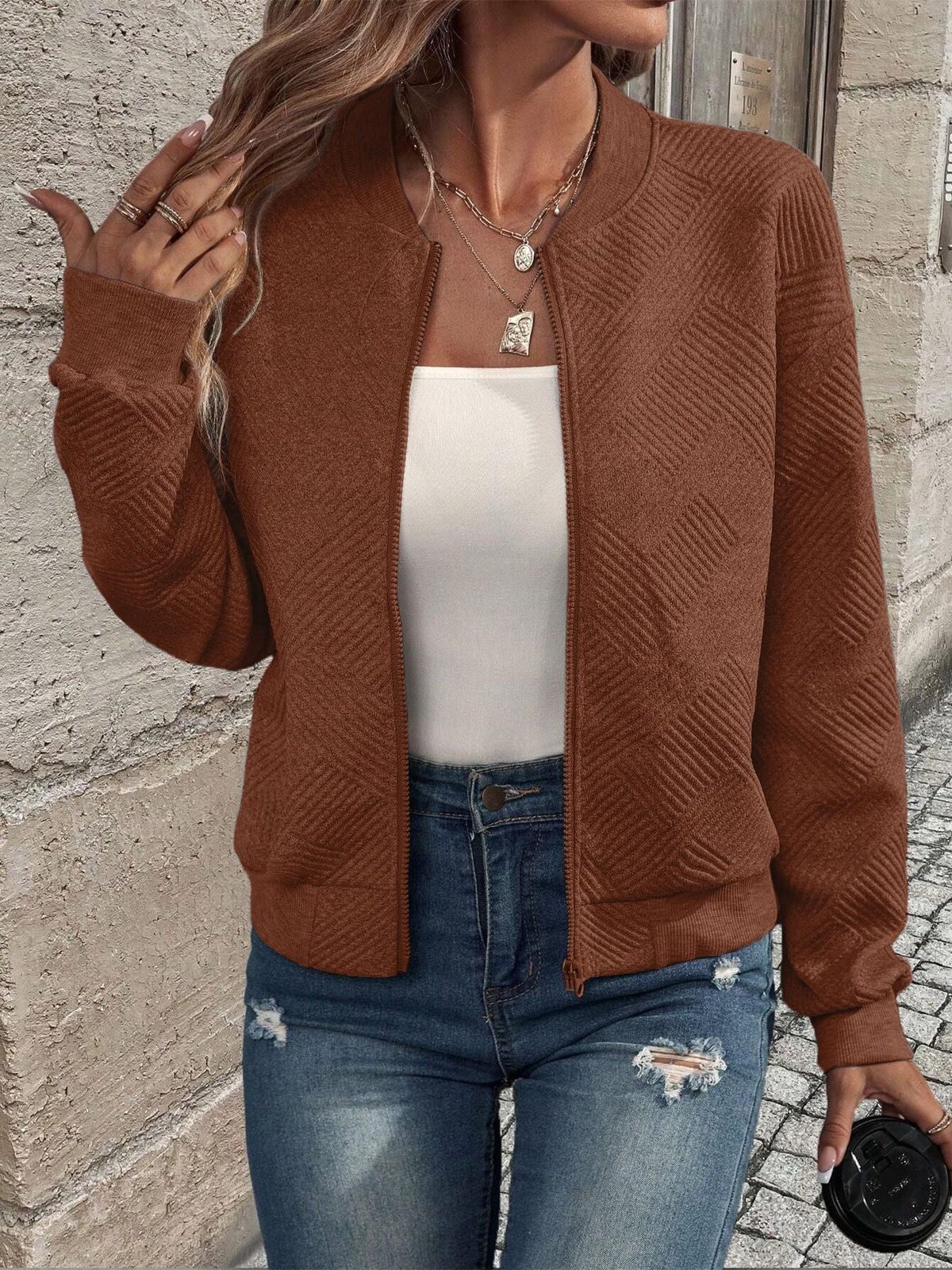 Women's Textured Zip-Up Cardigan - Brown, front view