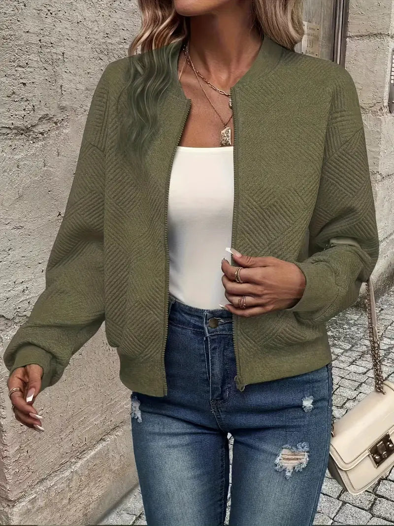 Women's Textured Zip-Up Cardigan - Army Green, front view
