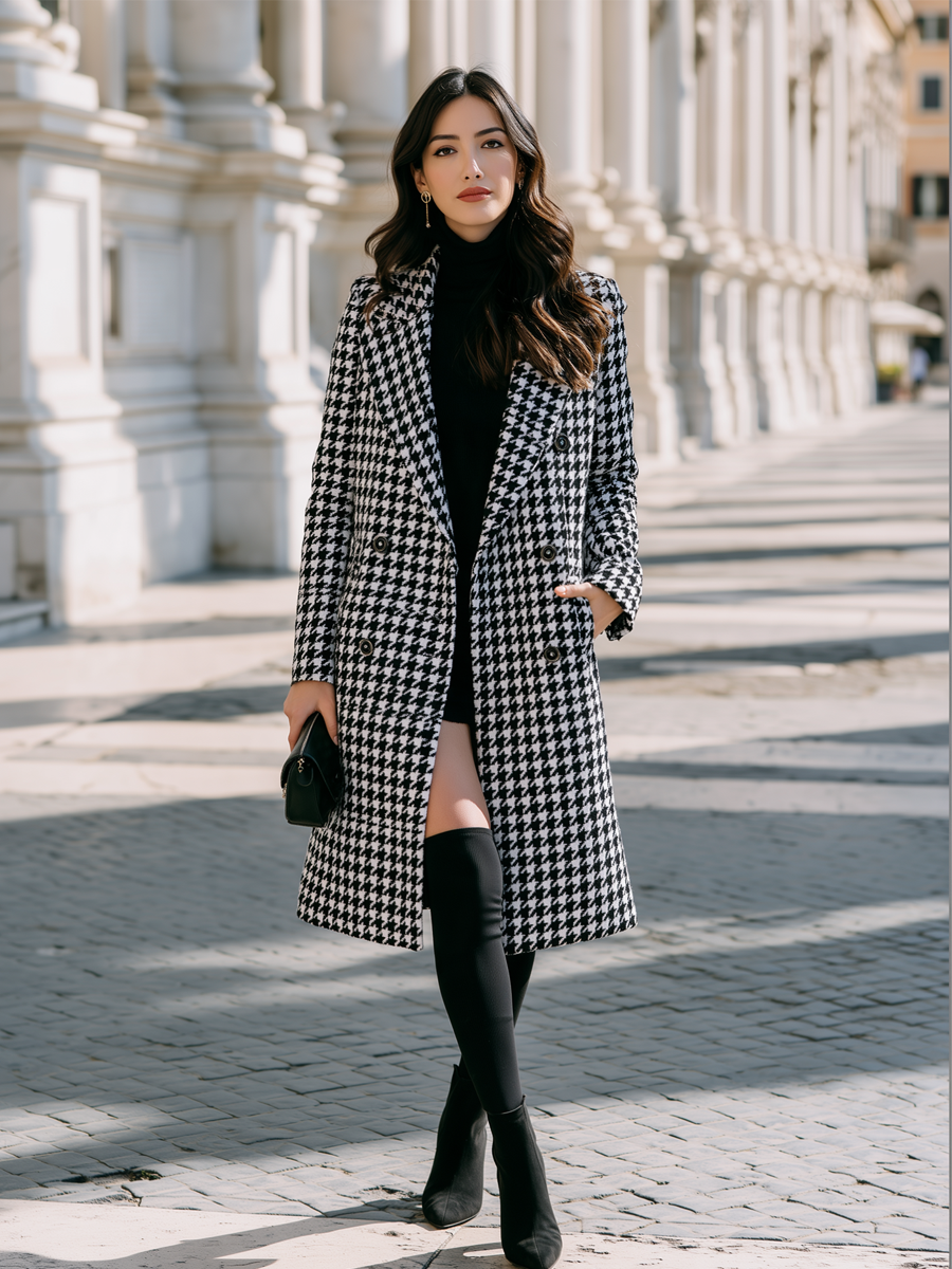 Women's Houndstooth Wool Coat - front view