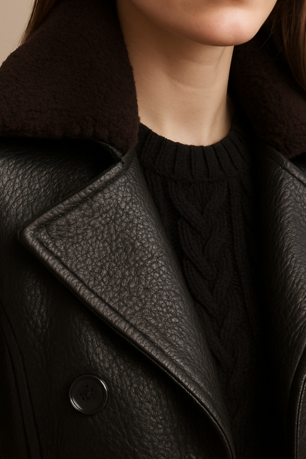 Women's Black Leather-Look Trench Coat - Collar and Lapel Detail
