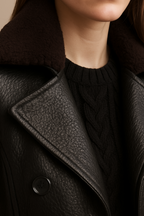 Women's Black Leather-Look Trench Coat - Collar and Lapel Detail