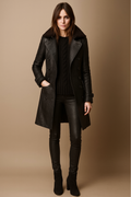 Women's Black Leather-Look Trench Coat - Front View