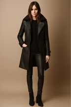 Women's Black Leather-Look Trench Coat - Front View
