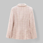 Women's Tweed Double-Breasted Blazer - Gold-Tone Buttons - Pink/Beige, back view