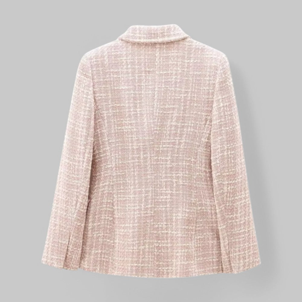 Women's Tweed Double-Breasted Blazer - Gold-Tone Buttons - Pink/Beige, back view
