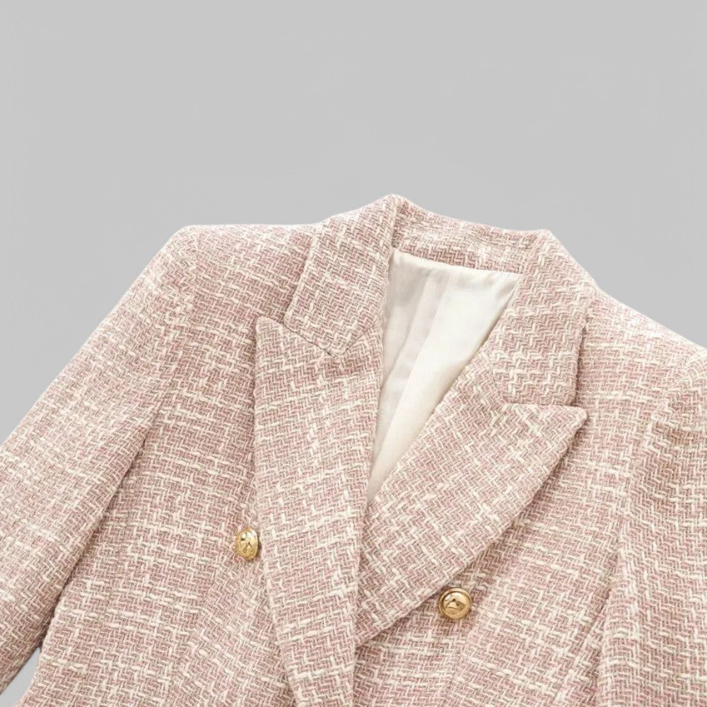 Women's Tweed Double-Breasted Blazer - Gold-Tone Buttons - notched lapel detail
