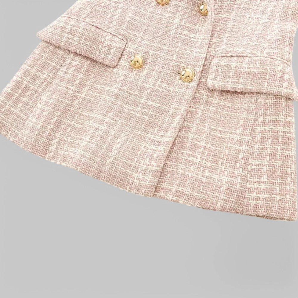 Women's Tweed Double-Breasted Blazer - Gold-Tone Buttons - flap pocket and button detail