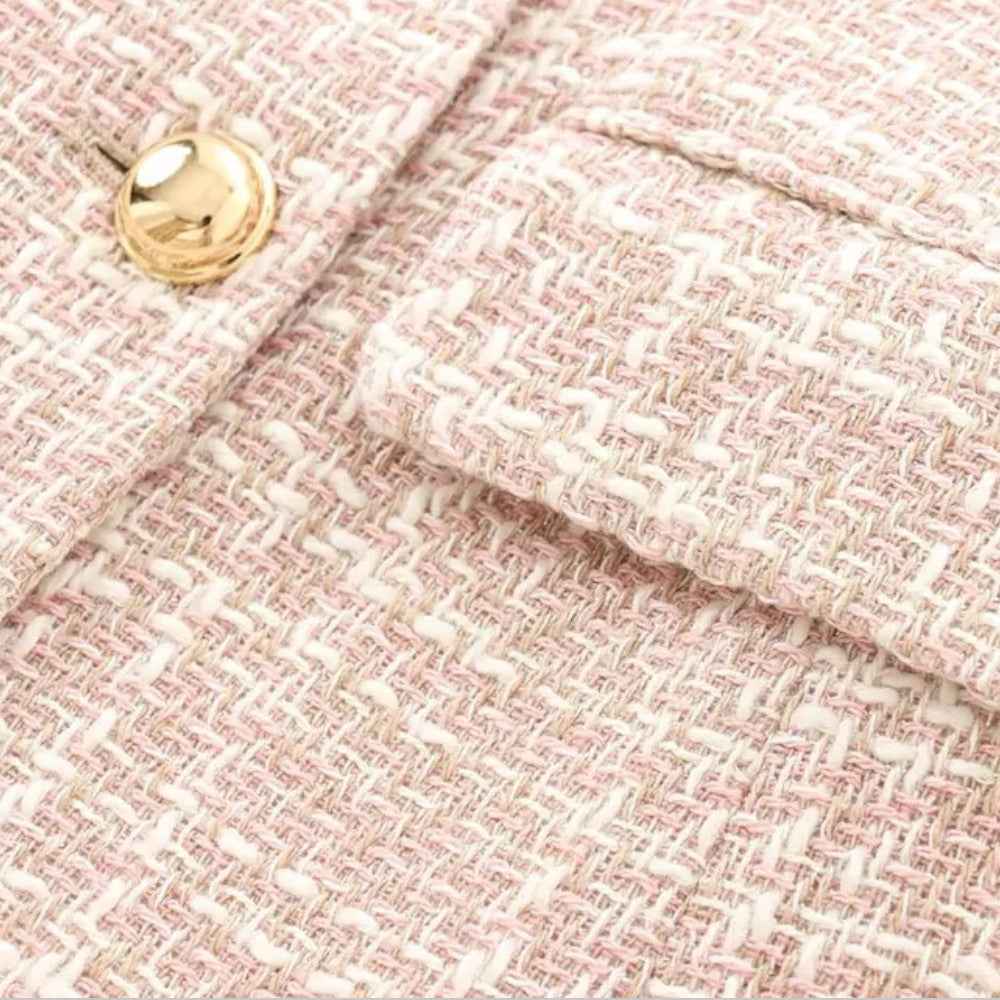 Women's Tweed Double-Breasted Blazer - Gold-Tone Buttons - tweed weave close-up