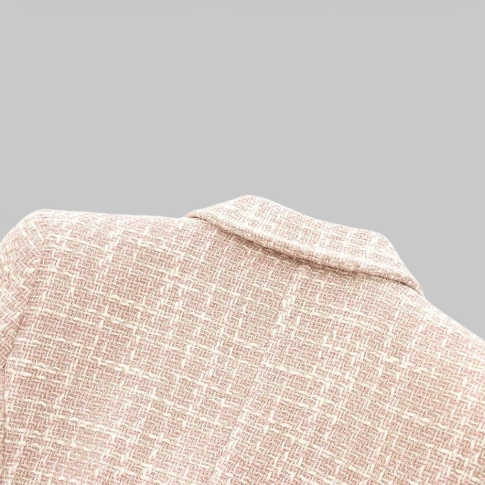 Women's Tweed Double-Breasted Blazer - Gold-Tone Buttons - shoulder and weave detail