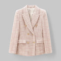 Women's Tweed Double-Breasted Blazer - Gold-Tone Buttons - Pink/Beige, front view