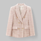 Women's Tweed Double-Breasted Blazer - Gold-Tone Buttons - Pink/Beige, front view