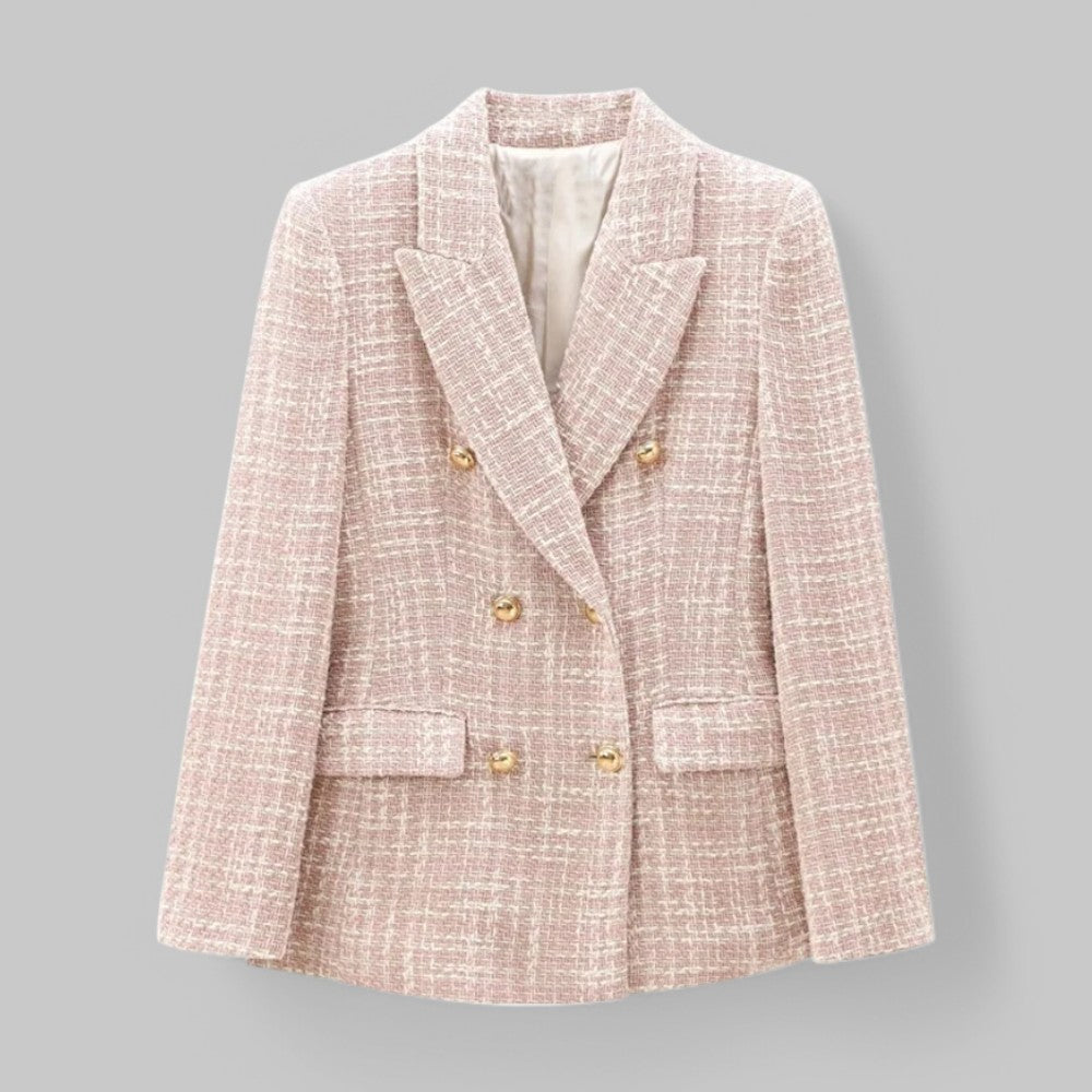 Women's Tweed Double-Breasted Blazer - Gold-Tone Buttons - Pink/Beige, front view