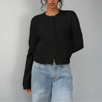 Women's Button-Up Cardigan - Round Neck Ribbed Cuffs - Black, buttoned front