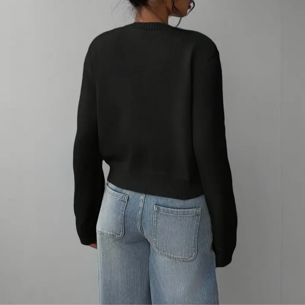 Women's Button-Up Cardigan - Round Neck Ribbed Cuffs - Black, back view