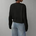 Women's Button-Up Cardigan - Round Neck Ribbed Cuffs - Black, back view