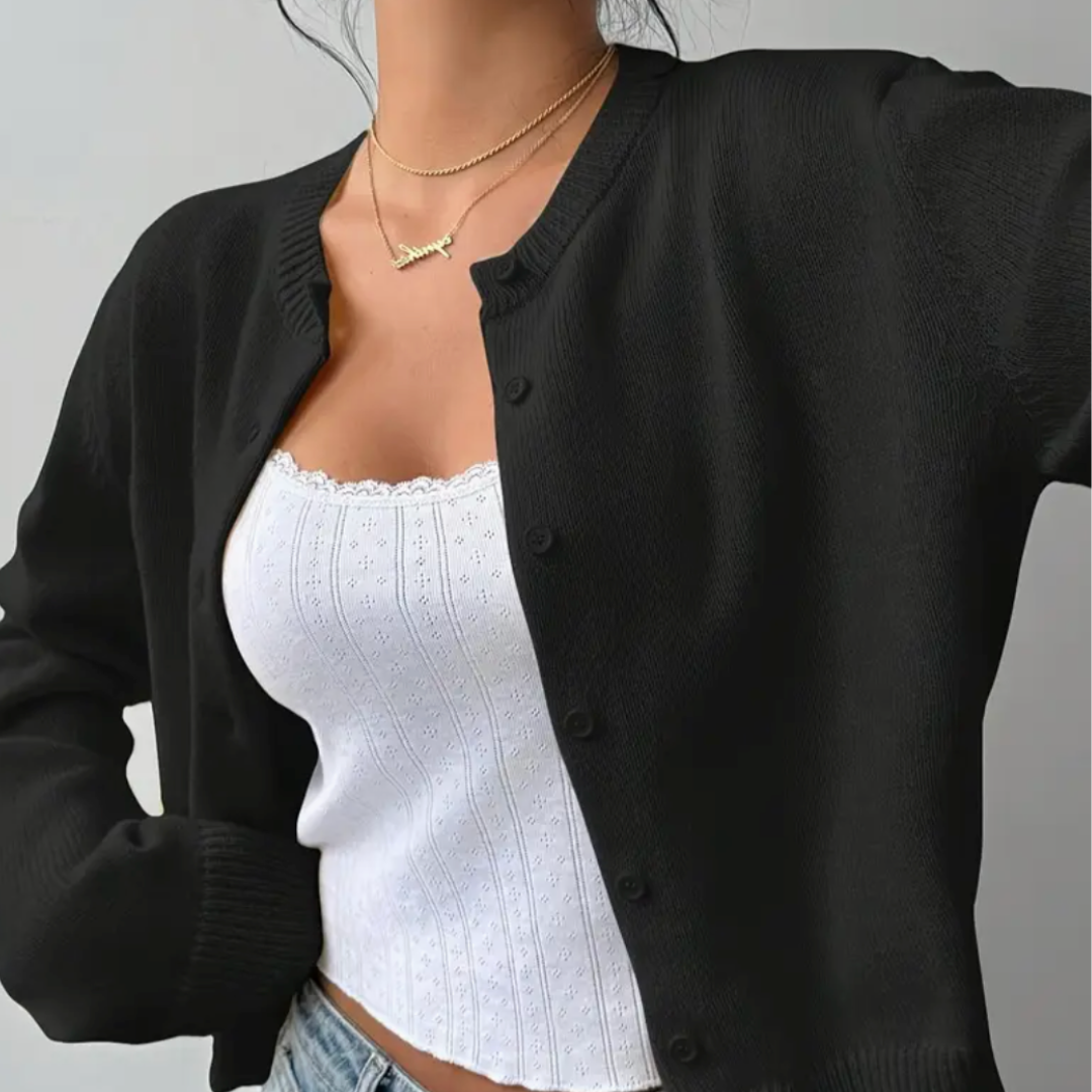 Women's Button-Up Cardigan - Round Neck Ribbed Cuffs - Black, worn open close-up