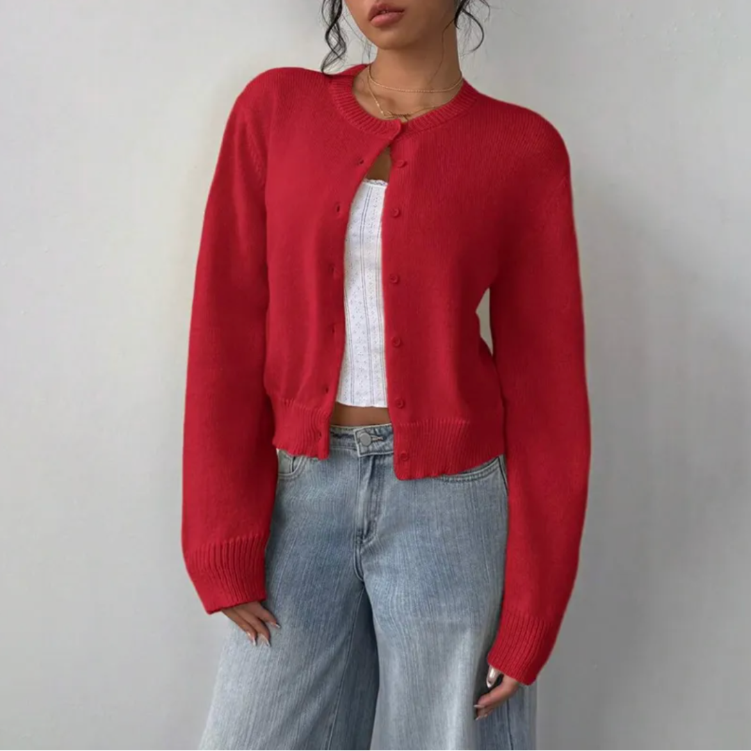 Women's Button-Up Cardigan - Round Neck Ribbed Cuffs - Red, worn open over a top
