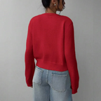 Women's Button-Up Cardigan - Round Neck Ribbed Cuffs - Red, back view