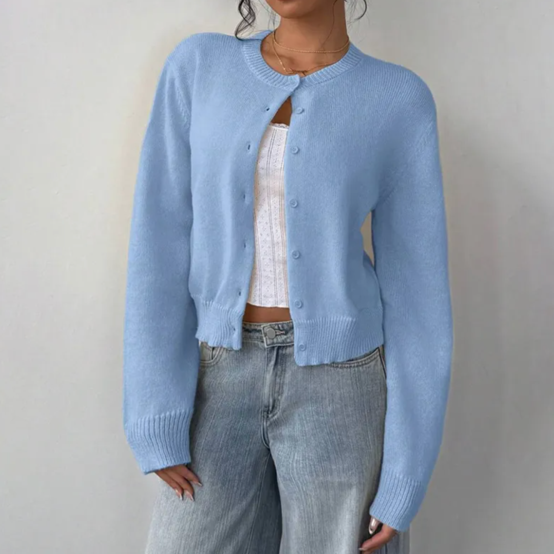 Women's Button-Up Cardigan - Round Neck Ribbed Cuffs - Light Blue, worn open over a top