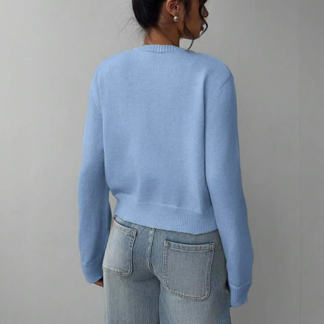 Women's Button-Up Cardigan - Round Neck Ribbed Cuffs - Light Blue, back view
