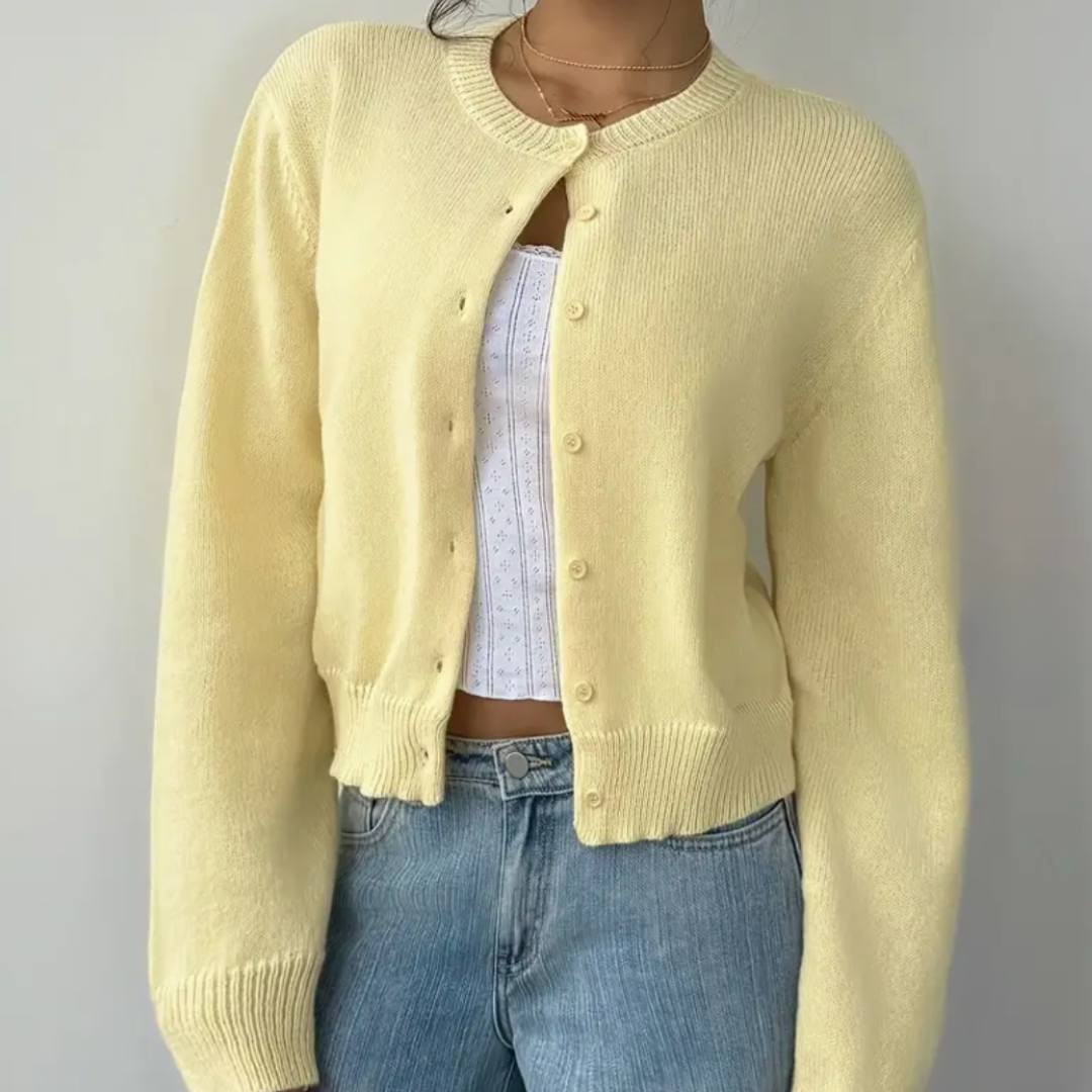 Women's Button-Up Cardigan - Round Neck Ribbed Cuffs - Yellow, worn open over a top