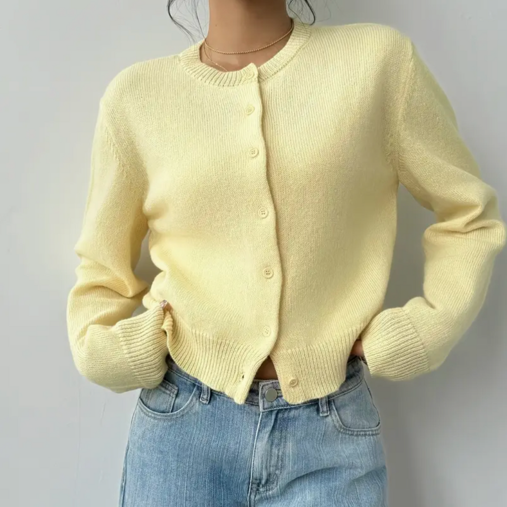 Women's Button-Up Cardigan - Round Neck Ribbed Cuffs - Yellow, buttoned front close-up