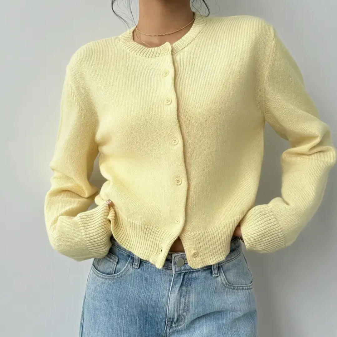 Women's Button-Up Cardigan - Round Neck Ribbed Cuffs - Yellow, buttoned front close-up