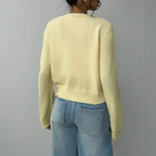 Women's Button-Up Cardigan - Round Neck Ribbed Cuffs - Yellow, back view
