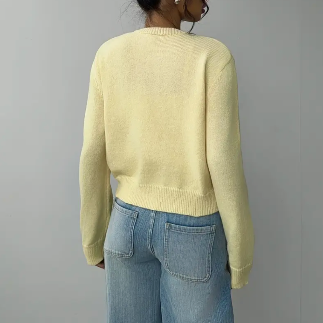 Women's Button-Up Cardigan - Round Neck Ribbed Cuffs - Yellow, back view