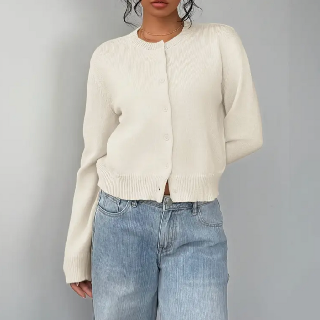 Women's Button-Up Cardigan - Round Neck Ribbed Cuffs - White, buttoned front