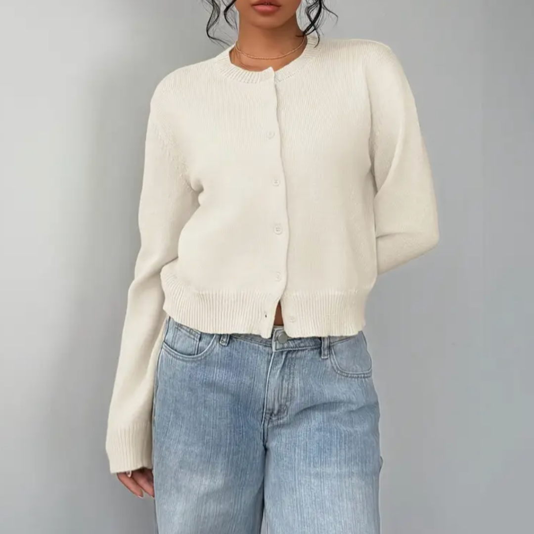 Women's Button-Up Cardigan - Round Neck Ribbed Cuffs - White, buttoned front