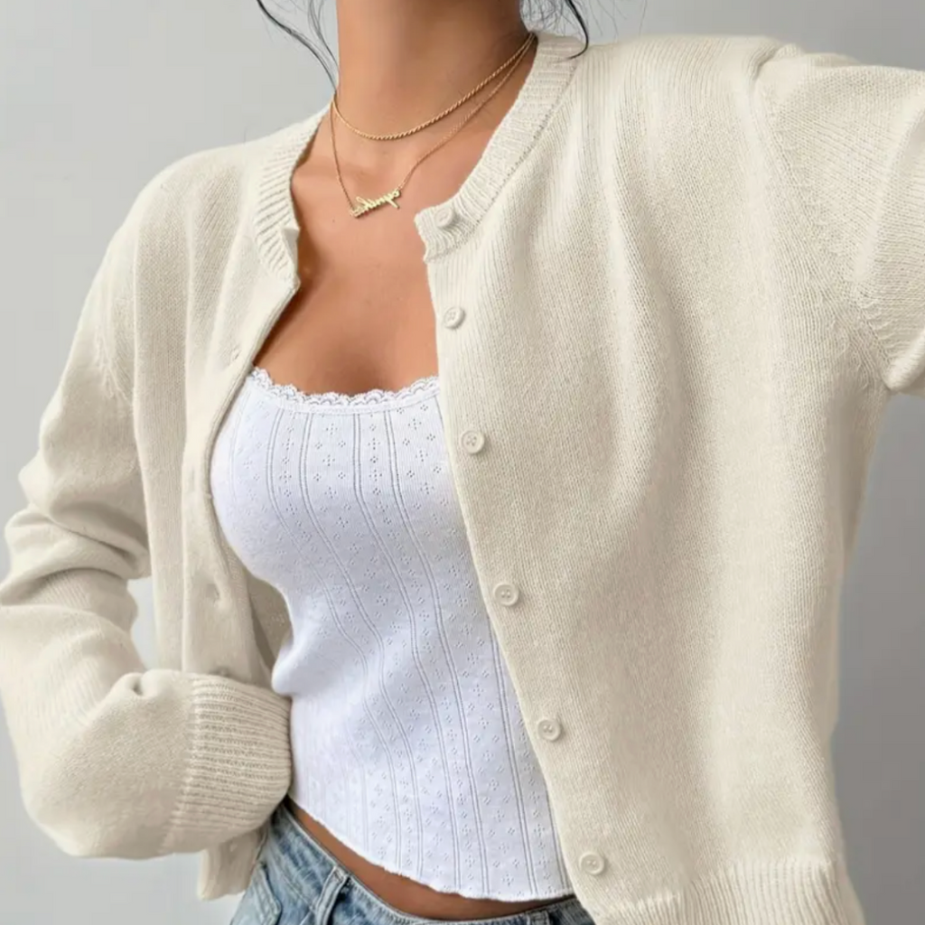 Women's Button-Up Cardigan - Round Neck Ribbed Cuffs - White, button placket close-up