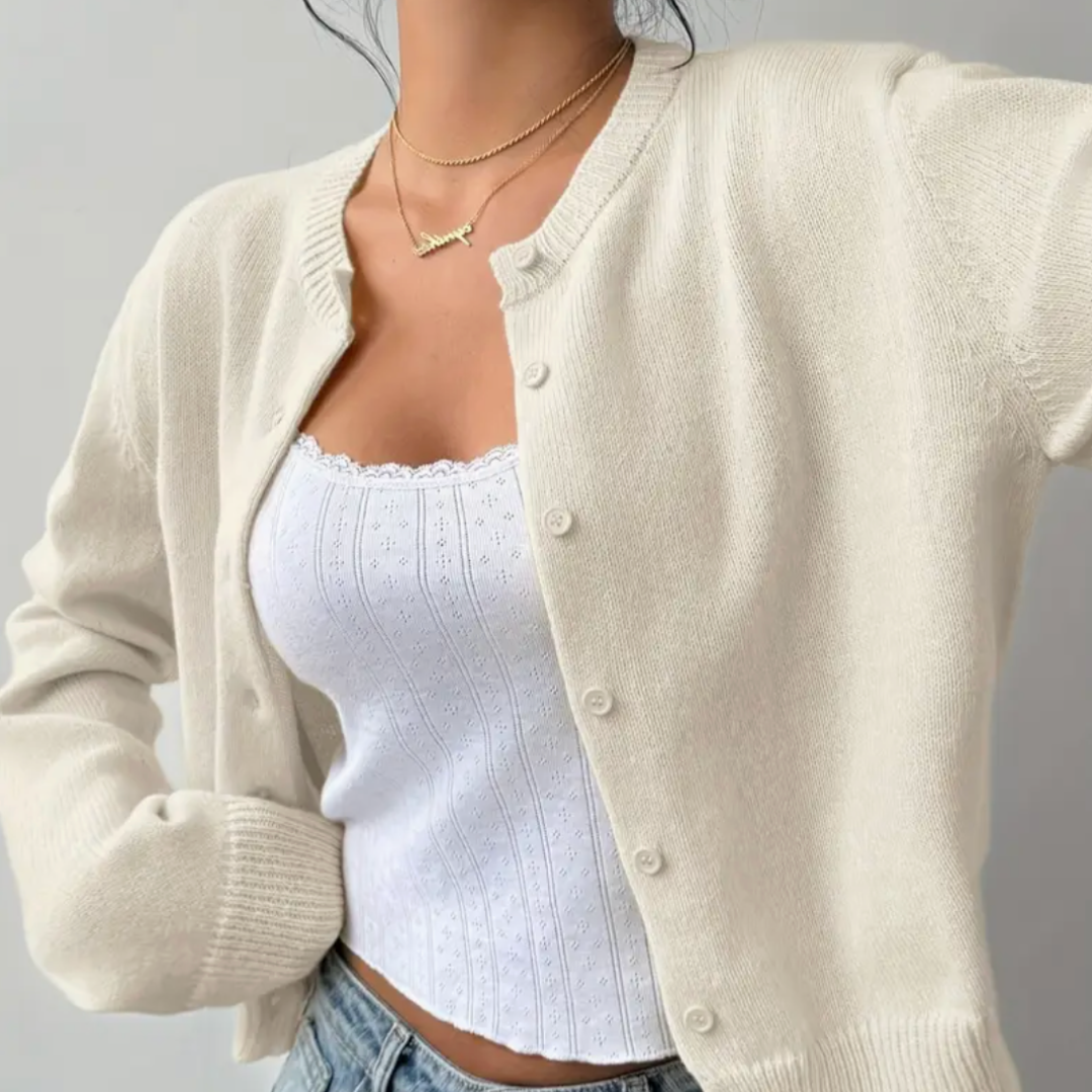 Women's Button-Up Cardigan - Round Neck Ribbed Cuffs - White, button placket close-up