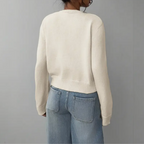 Women's Button-Up Cardigan - Round Neck Ribbed Cuffs - White, back view