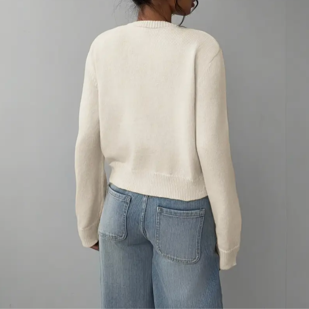 Women's Button-Up Cardigan - Round Neck Ribbed Cuffs - White, back view