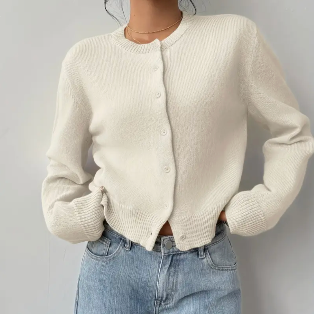 Women's Button-Up Cardigan - Round Neck Ribbed Cuffs - White, buttoned front close-up
