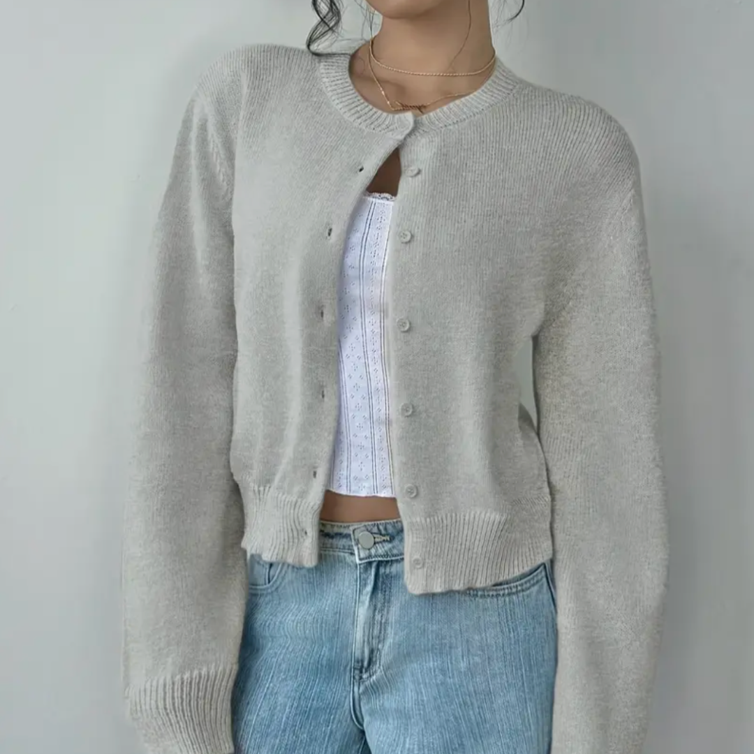 Women's Button-Up Cardigan - Round Neck Ribbed Cuffs - Grey, worn open over a top