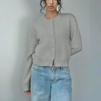 Women's Button-Up Cardigan - Round Neck Ribbed Cuffs - Grey, buttoned front