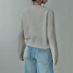 Women's Button-Up Cardigan - Round Neck Ribbed Cuffs - Grey, back view