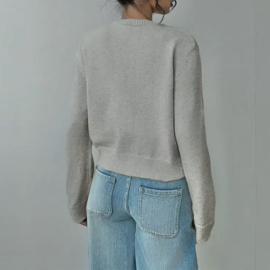 Women's Button-Up Cardigan - Round Neck Ribbed Cuffs - Grey, back view