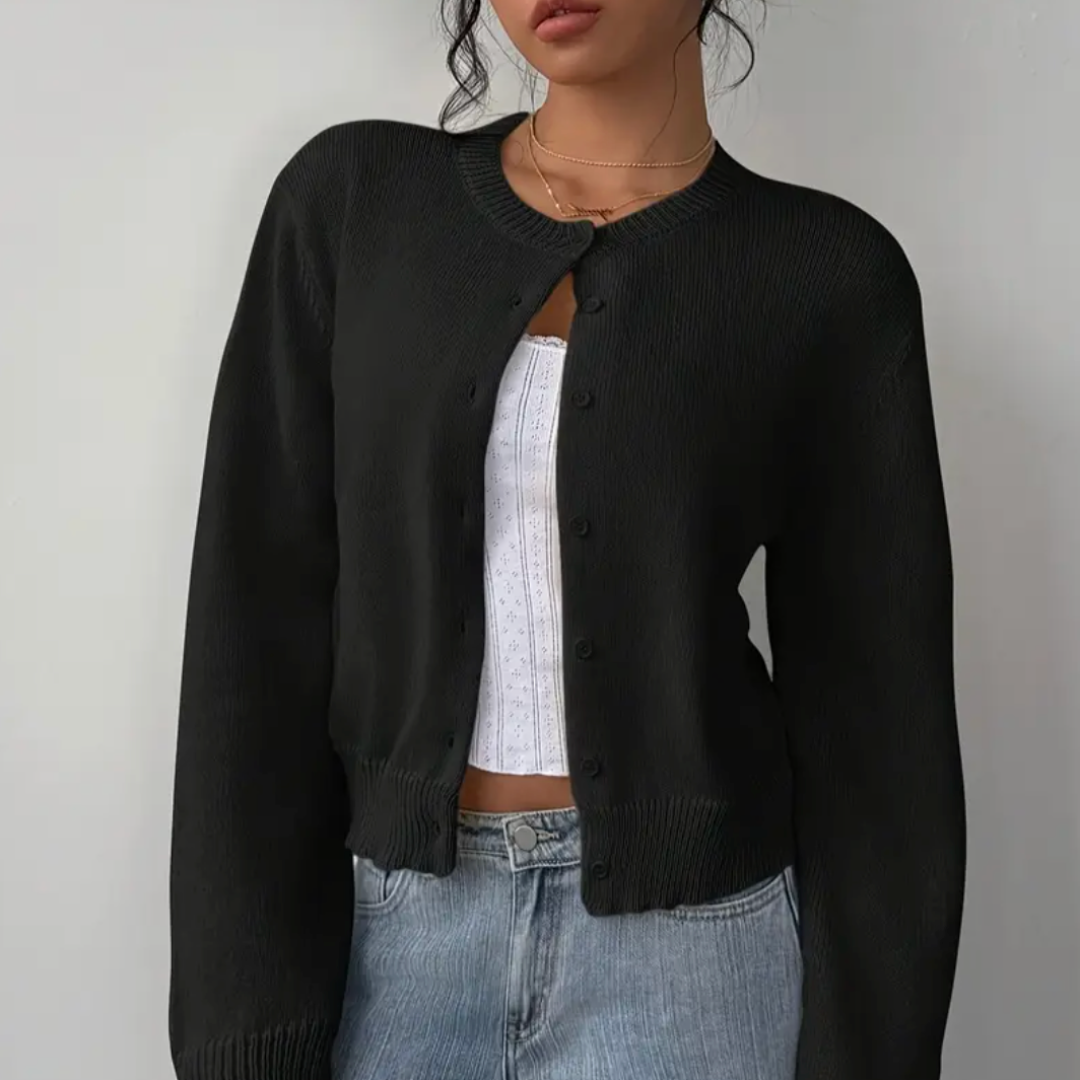 Women's Button-Up Cardigan - Round Neck Ribbed Cuffs - Black, worn open over a top