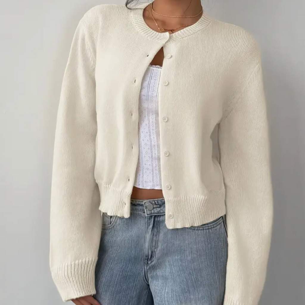 Women's Button-Up Cardigan - Round Neck Ribbed Cuffs - White, worn open over a top